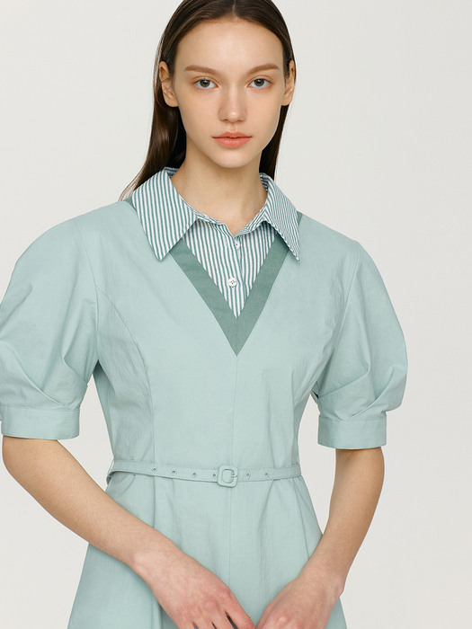 HALEIWA Shirt layered v-neck dress (Dark mint/Indigo denim)