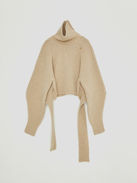 CHUNKY WOOL ROLL NECK CROPPED BELTED SWEATER, BEIGE