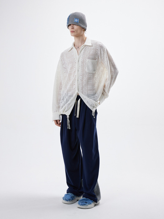 KNIT MIXED TWO TUCK WIDE SWEAT PANTS - NAVY