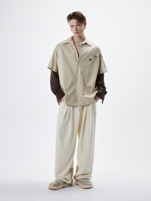 KNIT MIXED TWO TUCK WIDE SWEAT PANTS - IVORY