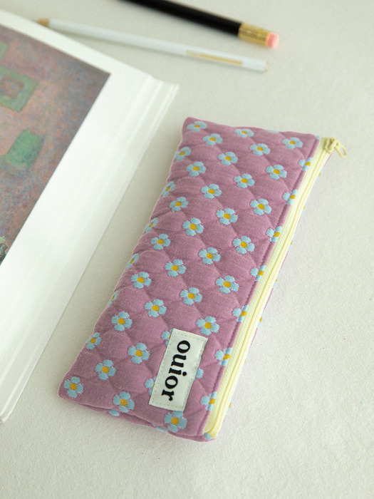 ouior flat pencil case - dot flower purple (topside zipper)