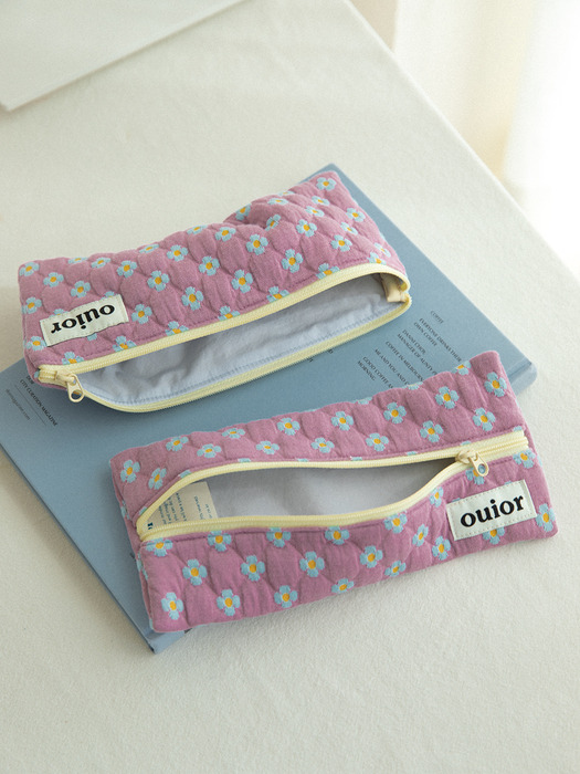 ouior flat pencil case - dot flower purple(middle zipper)