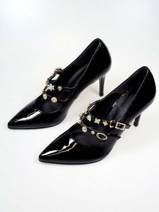 ECLAIR_BLACK 23FW Leather  Maryjane Jewelry  High Heels
