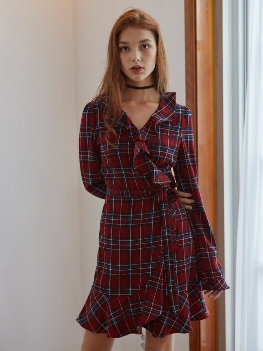 RUFFLE POINT CHECK WRAP ONEPIECE