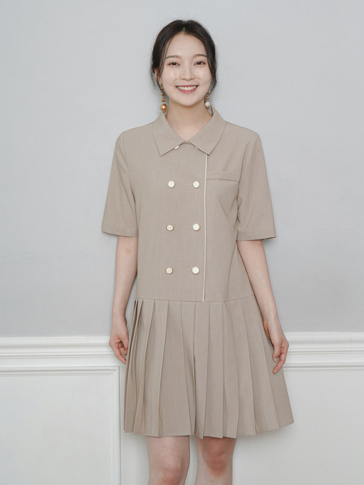 Pleated Double Button Jacket One-piece_beige