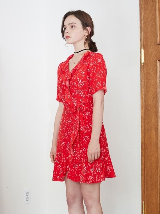 RUFFLE POINT FLOWER RED WRAP ONEPIECE