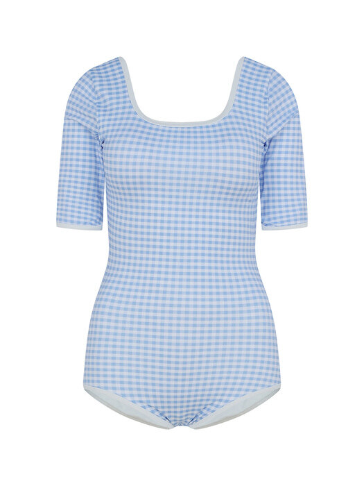 Gingham Check Square Neck SwimSuit-C-SkyBlue
