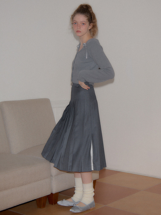 Side Slit Pleated Midi Skirt_ Gray
