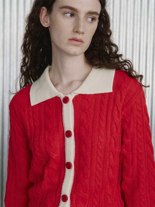 R BIG COLLAR CABLE KNIT CARDIGAN_RED