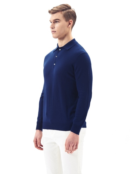 Wool Polo Collar Pullover #Ink Blue