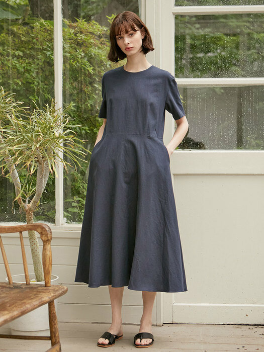 Linen Flared Dress - Navy