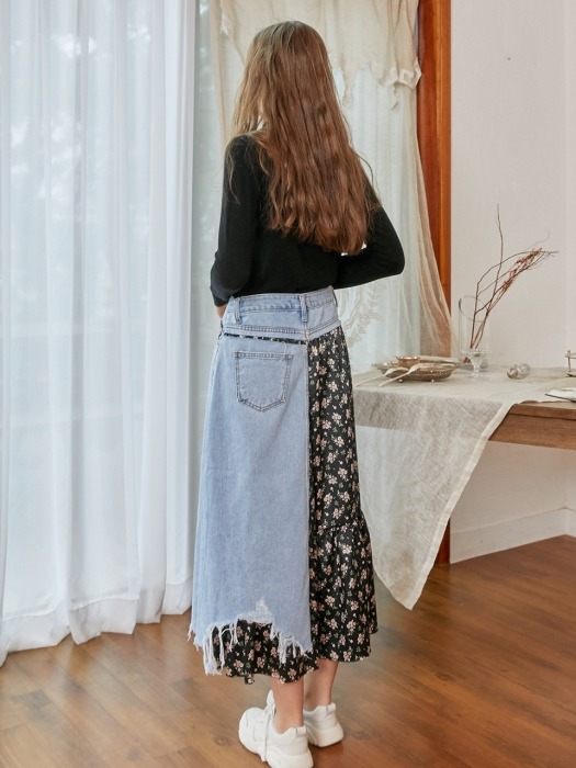 Denim Combo Flower Print Skirt_Blue