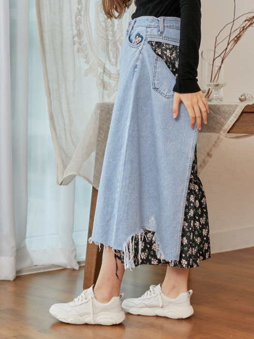 Denim Combo Flower Print Skirt_Blue
