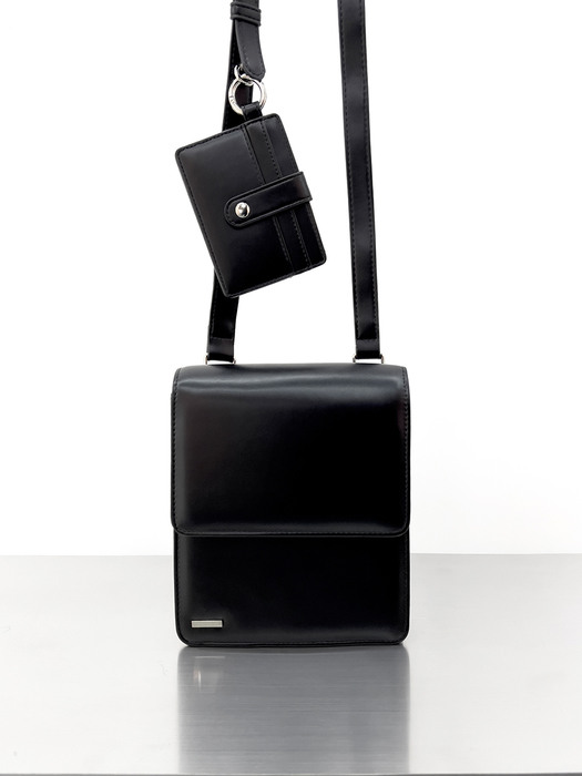 [L size]minimal bar square leather bag & multi card wallet black