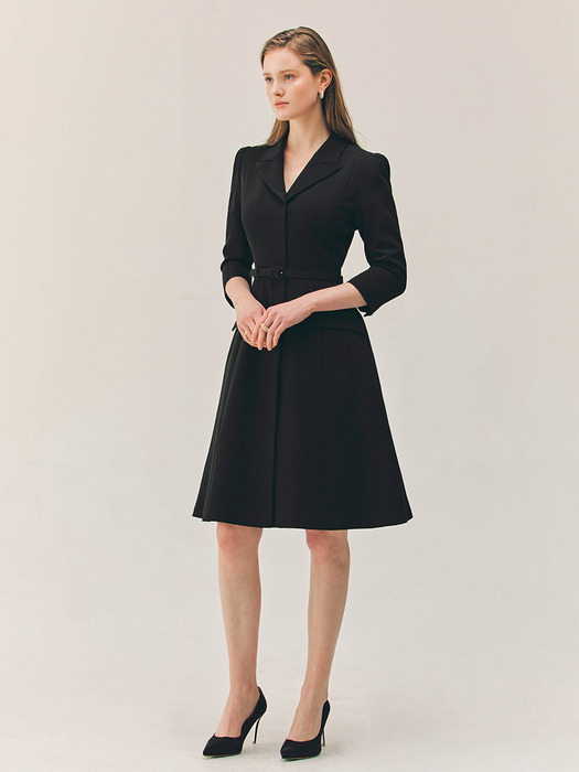 AGATHA Notched collar three-quarter sleeve A-line midi dress (Off white/Black)