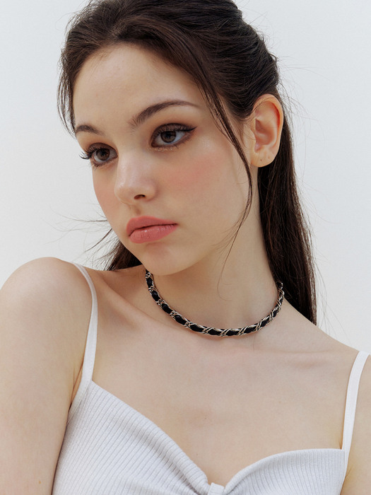 silver leather chain choker