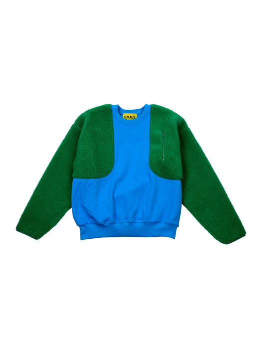 [UNISEX] Panelled Faux-Shearling Sweatshirt (Blue)