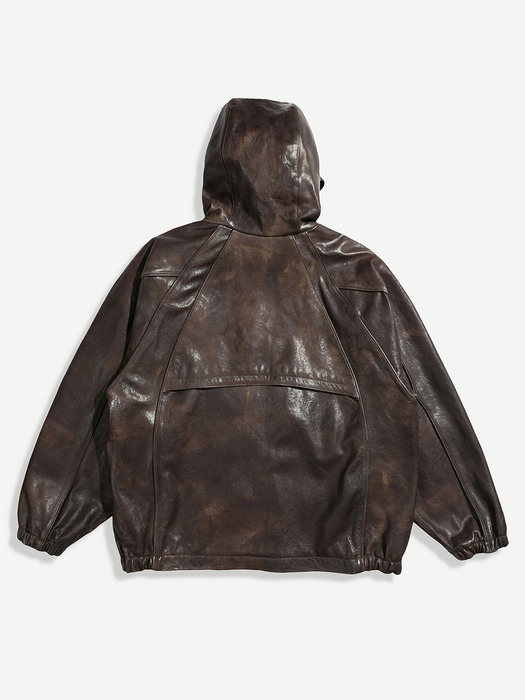 Piping Hooded Leather Jacket (Brown)
