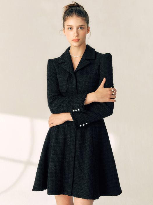 LEONIE Notched collar flared tweed wool dress (Butter/Black)