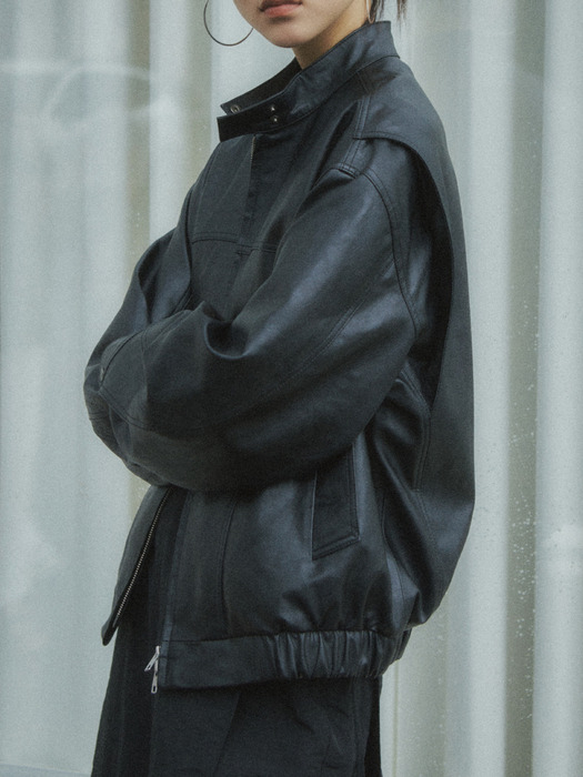 Oversized Faux Leather Jacket _CTO101(Black)
