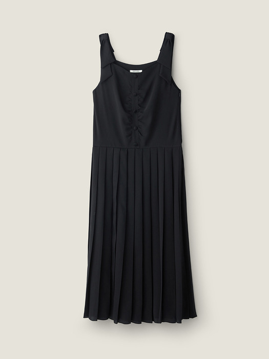 Detachable ribbon pleated dress - Black