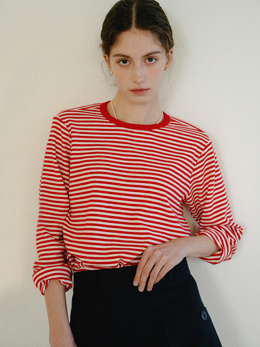 Stripe Ribbed Long Sleeve Tshirt_Red Ivory