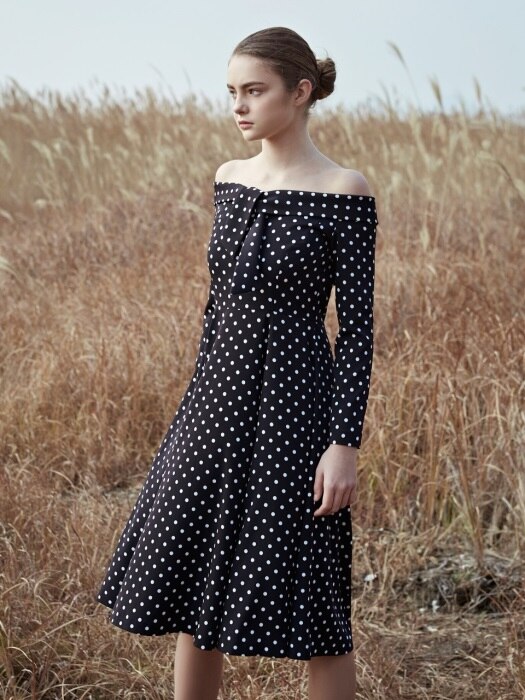 Black polka dot off the shoulder dress