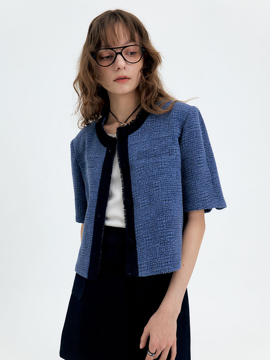 24 Summer_ M/Blue Tweed Cropped Blazer