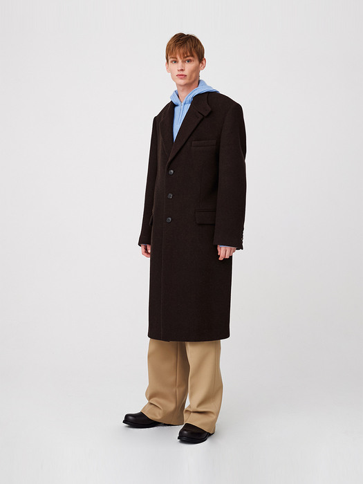 For men, 2-Way Collar Button Long Coat / Brown Twill