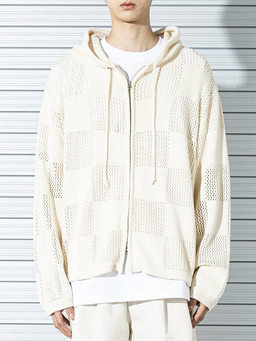 CHECKERBOARD MESHED ZIP-UP KNIT MSTNT002-CR