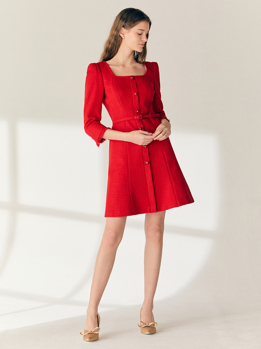 MELISSA Square neck three-quarter sleeve tweed mini dress (Black/Scarlet red)