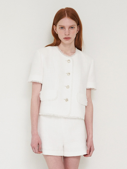 [Set]EJnolee White Flame_ Short-Sleeved White Tweed Jacket & Tweed White Shorts