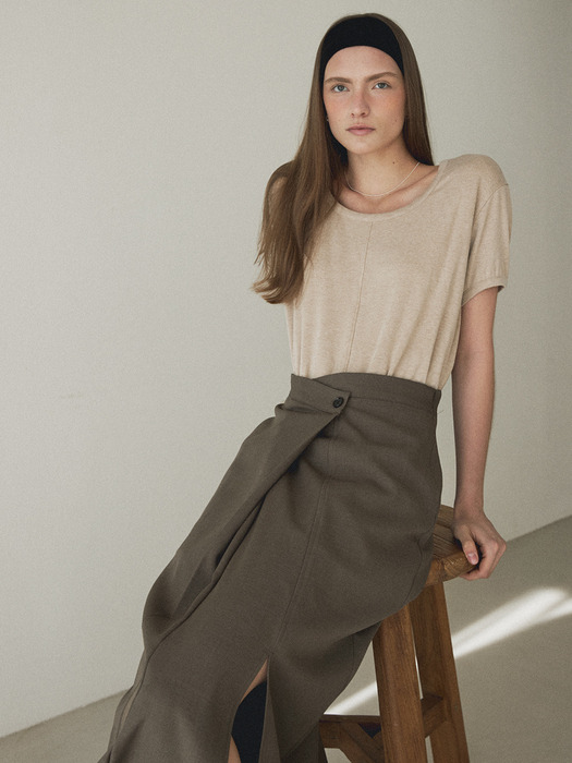 One-button slit long skirt_Brown