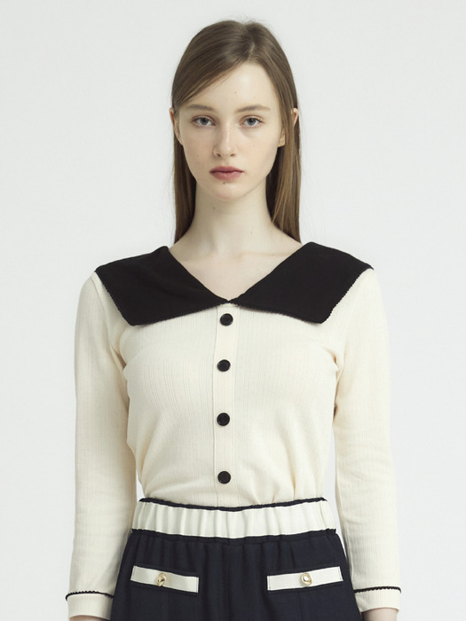 CONTRASTED SAILOR COLLAR TOP - IVORY