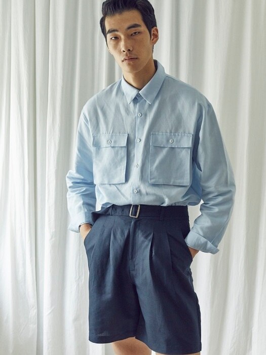 MAN BELTED LINEN SHORTS (NAVY)