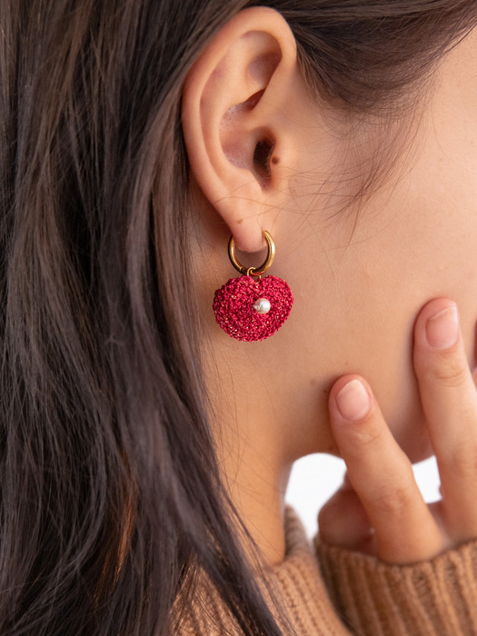 [2way] Chubby heart pendant earring (red)
