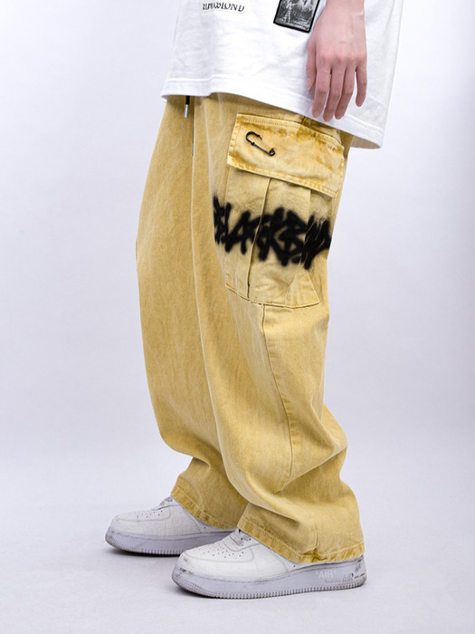 BBD Graffiti Logo Wide Denim Cargo Pants (Mustard)