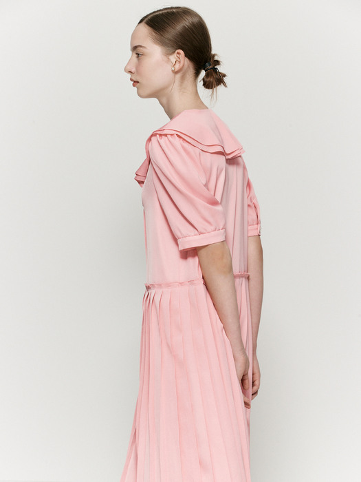 V-ruffled neck half-sleeve dress - Pink