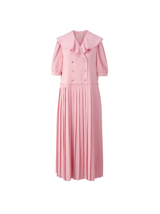 V-ruffled neck half-sleeve dress - Pink