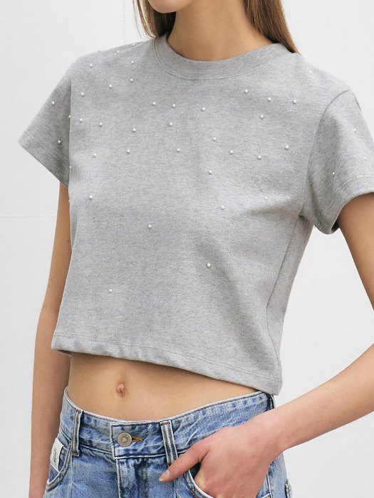PEARL BEADS CROPPED T-SHIRT [3COLORS]