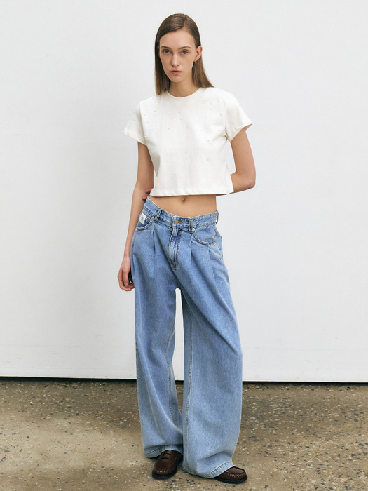 PEARL BEADS CROPPED T-SHIRT [3COLORS]