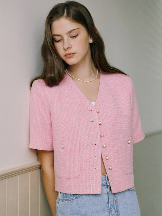 V-neck Tweed Half Sleeve Jacket - Pink