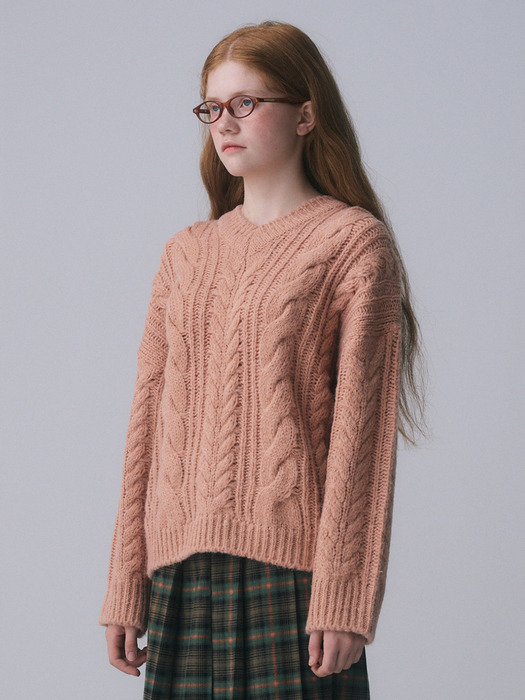 V-NECK CABLE KNIT PULLOVER, APRICOT