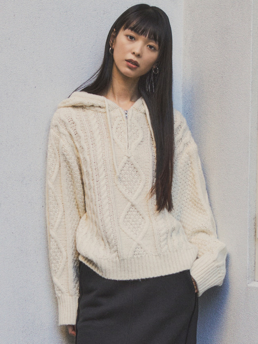 Mohair Cable Hood Knit _CTK206(Ivory)