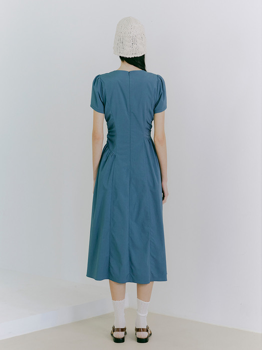 Side Shirring Dress, Blue Green