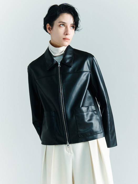 [Day-Wool] Eco Leather Single Jacket_BLACK