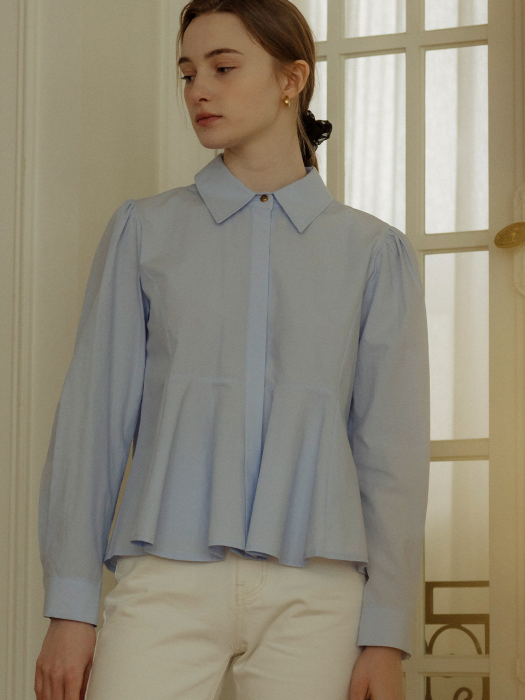 Gold button point flare blouse(Skyblue)