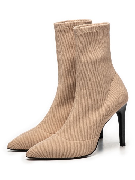 Ribbed Socks Ankle Boots (Beige)