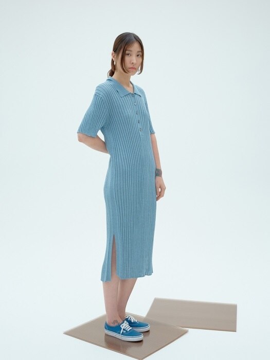 LIGHT BLUE LINEN BLENDED COLLAR KNIT DRESS