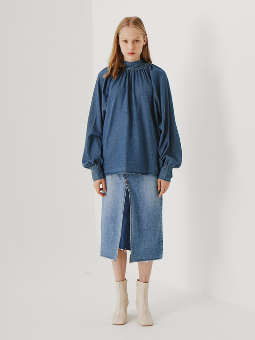 planet-69 unbalance zip-up two fabric slit skirt_blue